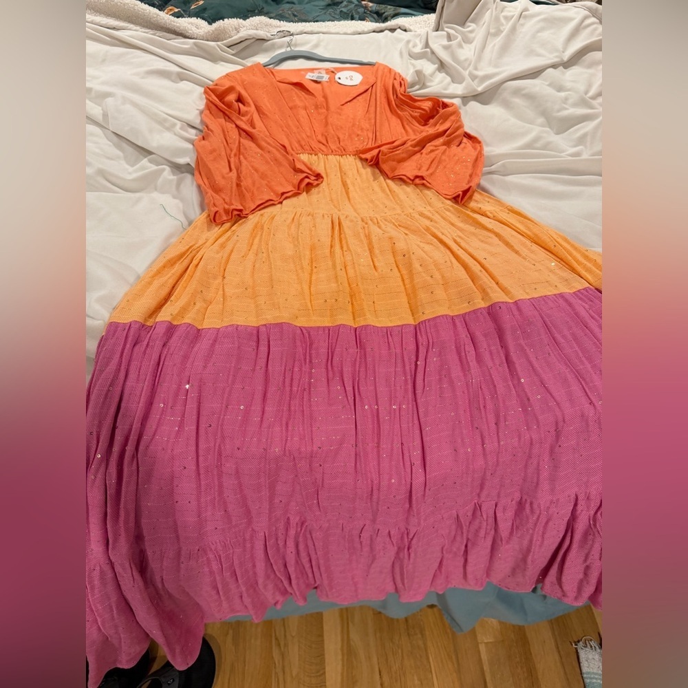 Anthropologie PQ Swimwear Orange Tiered Colorblock Long Sleeve Dress M/L